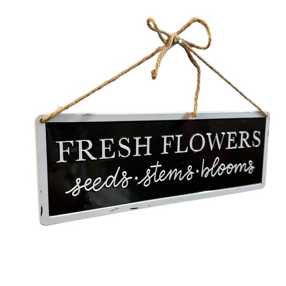 Farmhouse Flower Hanging Sign 11 Inch Metal Enamel Floral Rustic Decor Black - Picture 2 of 8